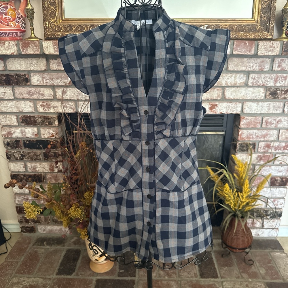 Charlotte Russe Checkered Ruffle Button Down Short Sleeve Sz Large